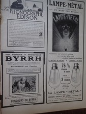 phonographe EDISON + BYRRH + LAMPE METAL publicité papier  ILLUSTRATION 1909