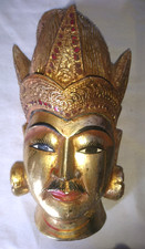 ANCIENNE STATUETTE FIGURINE MASQUE TETE DE BOUDDHA de BALI en bois doré 1970
