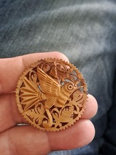 Broche Ancienne Bois Sculpté Chantourner Oiseau Art Nouveau Deco 