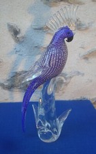 V69 Grande Statue Figurine Perroquet Cacatoès Verre de Murano Art Bleu & Argent