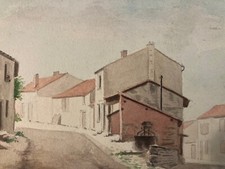 Belle Peinture Aquarelle Village Géométrie Papier 1960 Provence Art À Identifier