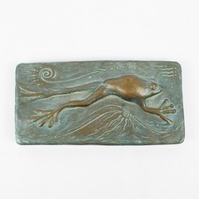 Sculpture En Pottery De Grenouille Décorative Fait Main Rectangle 7" X 3,5"