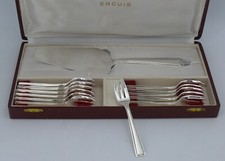 Ercuis Cambodge/petite coquille, 12 fourchettes à gâteaux + pelle, métal argenté
