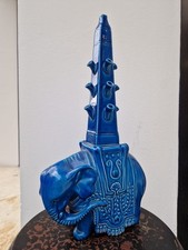 Rarissime Grand Éléphant Vase Pique Fleur Céramique Bleu Ferlaro Italie 