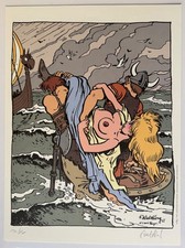 EX LIBRIS GOLDEN CREEK HOMMAGE JOHAN PEYO " SERMENT VIKINGS " WALTHERY 30*40cm