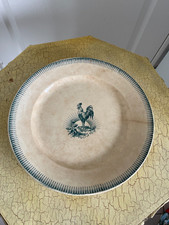 Ancien plat Porcelaine Opaque GIEN décor coq vert bleu 33cm diamètre