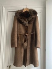 Manteau ceinturé vintage pour femme en peau et col fourrure