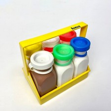 Vintage Fisher Price 6 milk Bottles W/Caps & Carrier/Caddy Great Condition