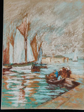Tableau Huile sur papier scène de port École Bretonne 