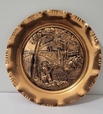 ASSIETTE DECORATIVE RONDE LONVAL EN CUIVRE 27CM VINTAGE ART DECO RETRO FAIT MAIN