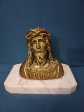 Magnifique Buste Christ Ancien Jesus Couronné/Régule doré/1940/SOCLE MARBRE BLAN