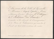 Invitation. Inauguration de la statue de Vaucanson. 1876. Grenoble.