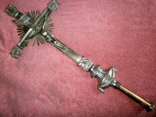 74 cm/ANCIEN CROIX DE PROCESSION RELIGIEUSE/BRONZE/XIXème/AUTEL/CRUCIFIX/USURES