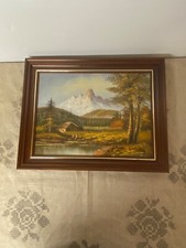 Peinture sur toile signée Charles Édouard décors paysage montagne cabane rivière