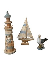 ANCIEN LOT DE DÉCORATION BRETONNE VOILIER PHARE MOUETTE EN BOIS