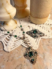 Lot 2 bijoux collier et broche cristal filigrane plaqué or doré Art Déco ancien