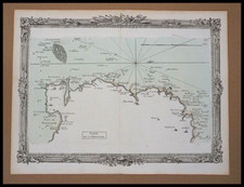 Carte maritime ancienne des cotes de Bretagne, 1766,gravure originale en couleur