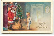 Hello ! Merry Christmas - Enfant tenant un bougeoir et regardant le Père Noël pr