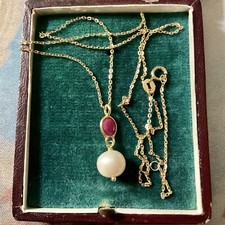 RUBIS, VERITABLE PERLE, VERMEIL, ARGENT MASSIF ANCIEN COLLIER PENDENTIF CHAINE