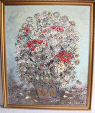 Tableau, huile sur toile, bouquet de fleur, peinture au couteau, signé
