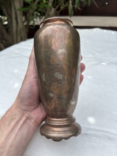 Ancien vase bronze incrusté - ancien,