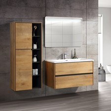 Ensemble meuble salle de bains URSA – Finition chêne, marbre blanc, miroir LED