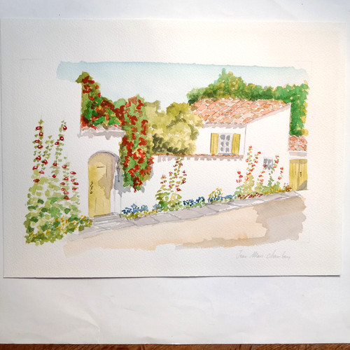 Maison fleurie aquarelle - maison,
