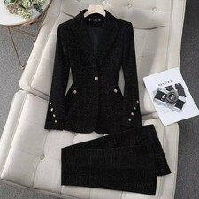 Ensemble Femme Élégant Noir Veste Slim Fit Pantalon Bureau Cérémonie CF52431