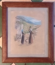 Tableau Aquarelle originale Corse 1949 Femmes dans la montagne signé Corrizzi