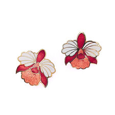 Boucles d’oreilles clips Vintage 80s |Fleur en émail cloisonné rose & métal doré