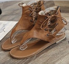 NEW WOMEN’S Brown Lace-up Flip-flops Sandals with Zipper