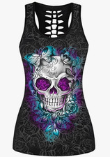 T-shirt imprimé femme, style Gothique, tête de mort avec fleurs rose M