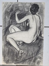 Dessin Art Moderne Fusain Femme Nue Erotique Papier 1953 Atelier à Identifier