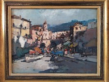 Ezelino Briante Village sur la Côte Amalfitaine Vieille Peinture à Huile signée