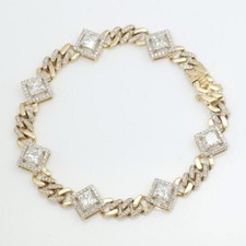 Carré Halo Diamant Tennis Avec Cubano Link Homme 8" Bracelet 10K Jaune Or En