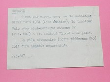 Dinky Toys  FR 887 Notice erratum  887  Unic Air BP  originale années 1960