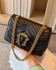 Sac A Bandoulière A Rabat Noir Femme Simili Cuir Matelassé Chaîne Doré +Cadeau