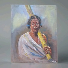 peinture ancienne hst Portrait Femme Tableau Encadré Signé Madagascar