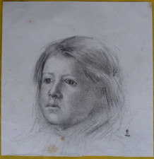 DESSIN ANCIEN XXème TÊTE DE FILLETTE PIERRE NOIRE ET ESTOMPE SIGNE 21,5 X 22 cm