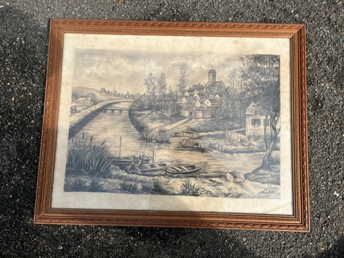 Tableau dessin village bord - dessin, au