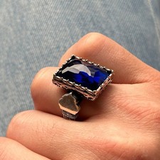 Chevaliére Bleu Zircon fait à la main en Argent Massif 925 Ottoman de la haute