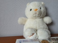 DOUDOU PELUCHE VINTAGE COROLLE CHAT  ? OURS ?  PELUCHE BLANCHE  24CM YEUX VERTS