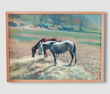 Giacomo Vaccaro Deux Chevaux au Pâturage Paysage de Toscane Peinture à Huile