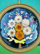 Tableau ancien de fleurs séchées Bouquet France Antique panel painting of dried 