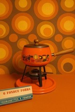 Service À Fondue Vintage En Tôle Émaillée, Orange ,Bourguignonne Complet
