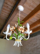 Vintage French Tole ware Flower lamp with 3 arms shabby chic ceiling lamp
