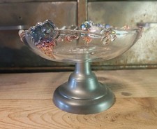 Coupe À Fruits Verre Moulé Sur Pied Etain Décor De Grappes De Raisin Diam 18 Cm