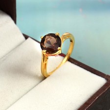 Naturel Fumé Quartz Pierre Précieuse Avec 18k Argent Plaqué Or Femmes Bague #49