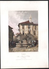 1837 Gravure aquarellée Velletri Place et fontaine Rome Italie