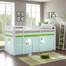 Cadre de Lit superposé Enfant 90x200 Matelas Bois Massif Rideau Vert Homestyle4u